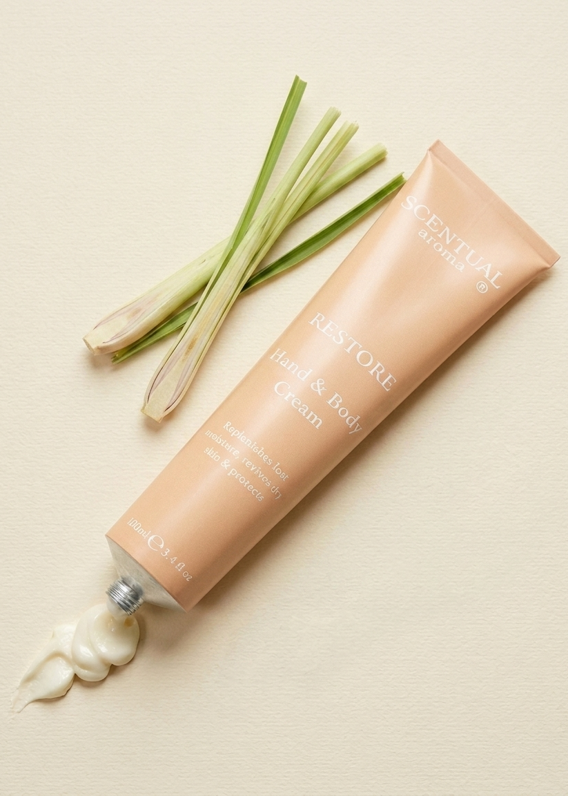 A squeeze tube of SCENTUAL natural Restore Hand & Body Cream lies diagonally on a textured beige background, with a dollop of the white cream squeezed out from the tip. Fresh green lemongrass stems are placed behind the tube as a styled prop.