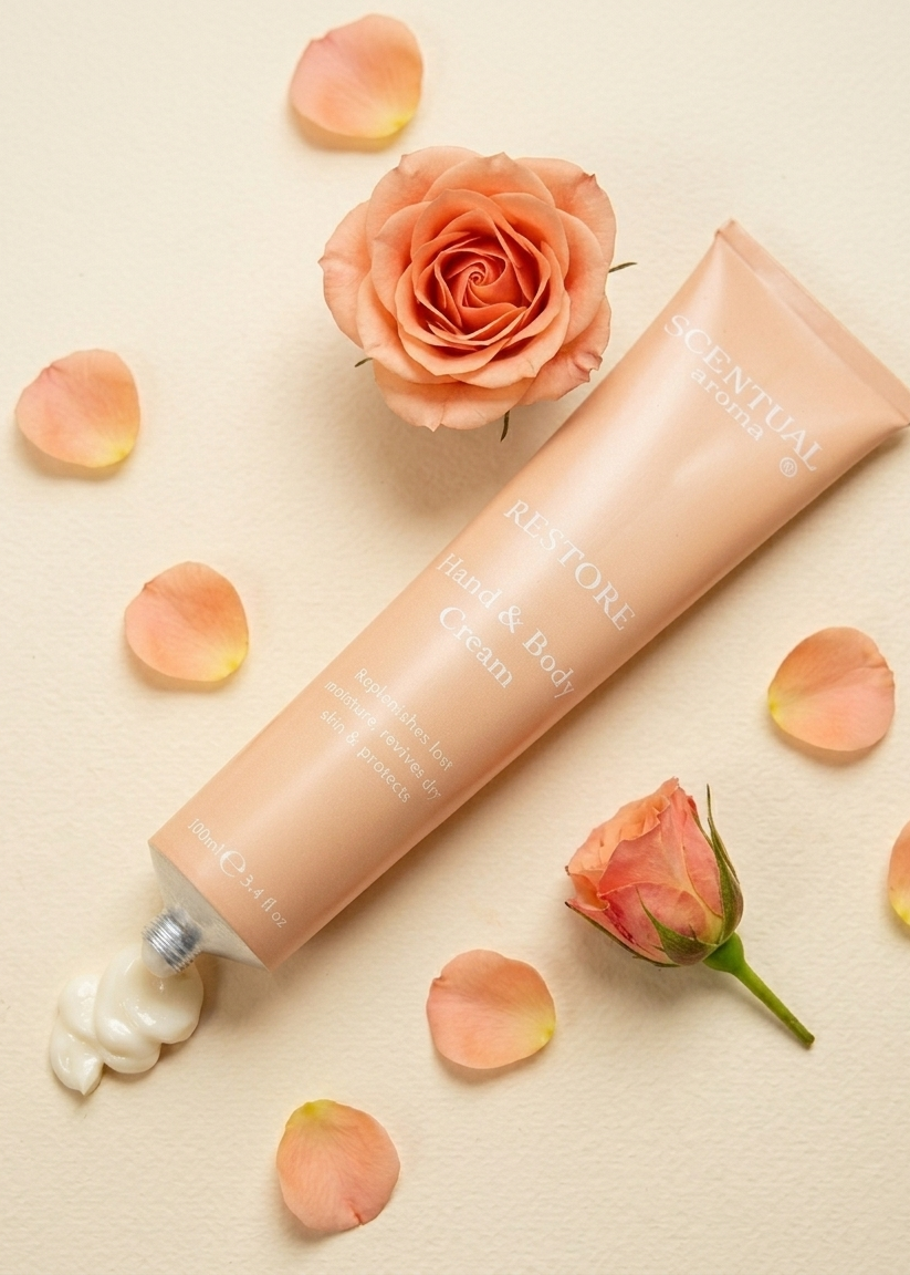 A tube of Aesop Restore Hand & Body Cream lies diagonally on a light beige surface, with a dollop of white cream at the tip. The tube is peach-colored and styled with peach rose petals and flowers around it.