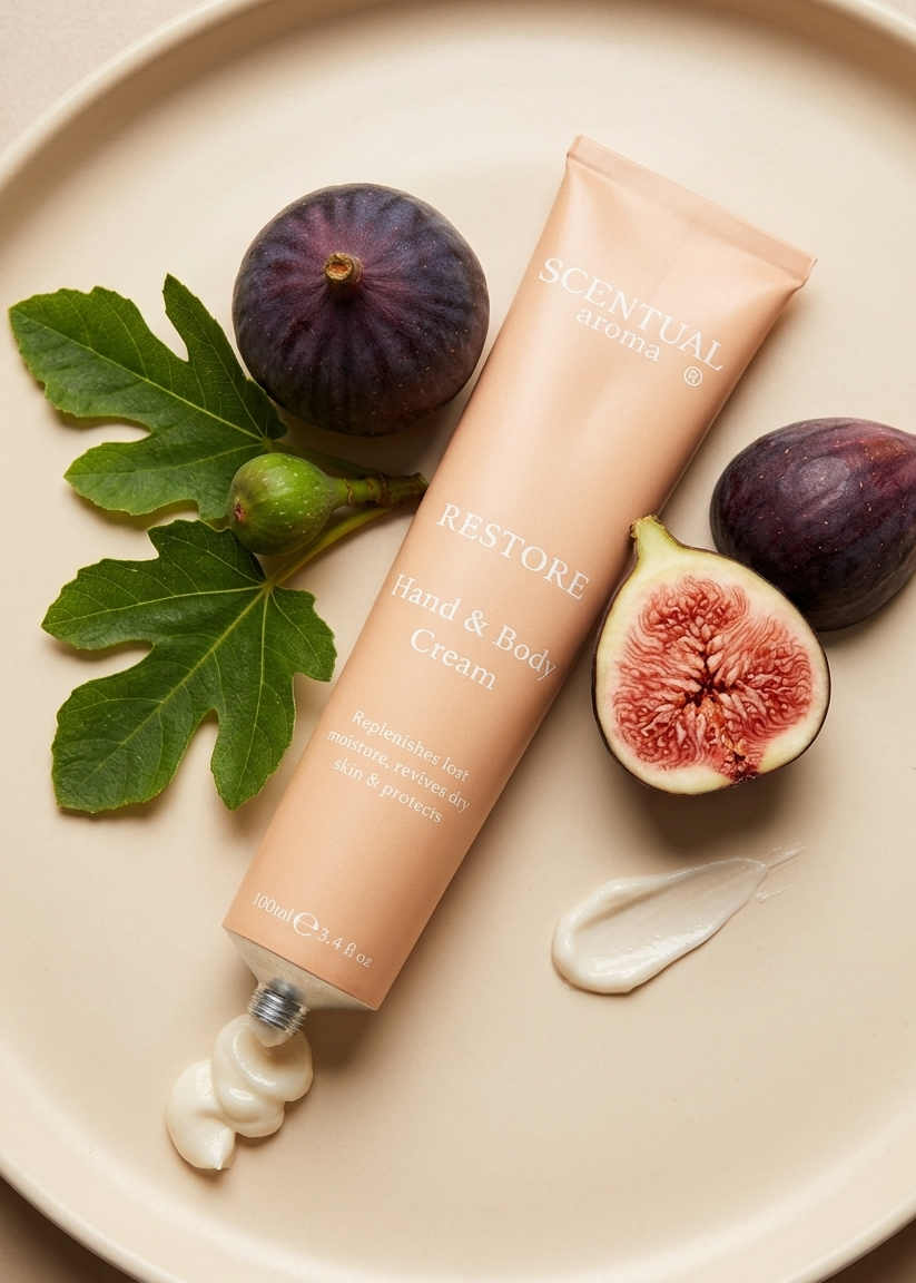 A squeeze tube of Scentual Aromas Restore Hand & Body Cream lies on a beige ceramic plate, surrounded by fresh figs, fig leaves, and a dollop of the white cream product.