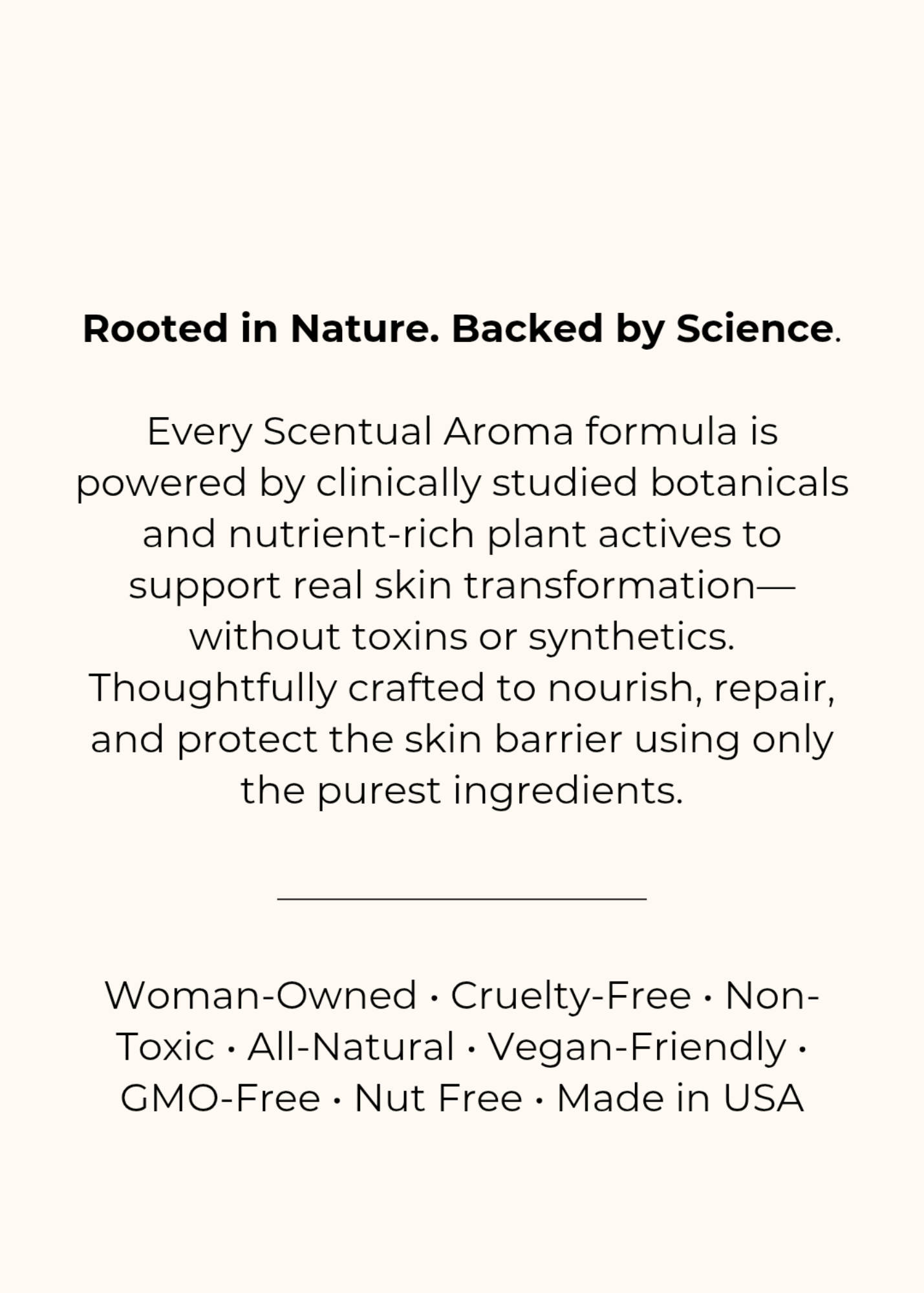 Text describing Scentual Aroma products with claims of being rooted in nature, backed by science, and featuring a list of product attributes.